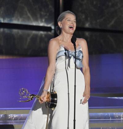 Katherine LaNasa accepts the Outstanding Supporting Actress in a Drama Series award for The Pitt at the 77th annual Primetime Emmy Awards at the Peacock Theater in Los Angeles on Sunday, September 14, 2025.  LAP202509142023 JIMxRUYMEN