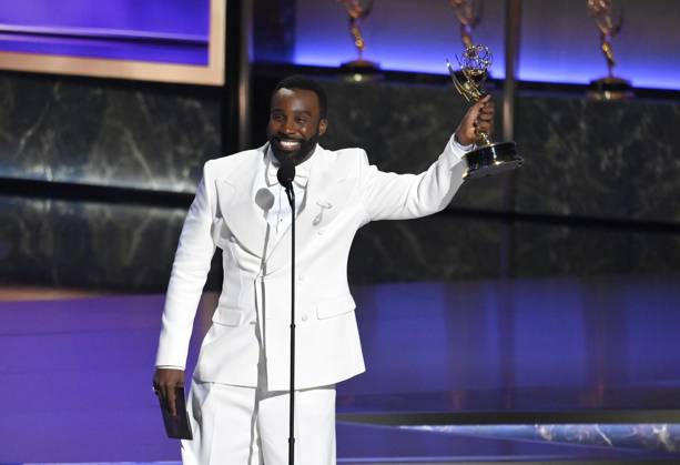 Tramell Tillman accepts the Outstanding Supporting Actor in a Drama Series award for Severance at the 77th annual Primetime Emmy Awards at the Peacock Theater in Los Angeles on Sunday, September 14, 2025.  LAP202509142033 JIMxRUYMEN