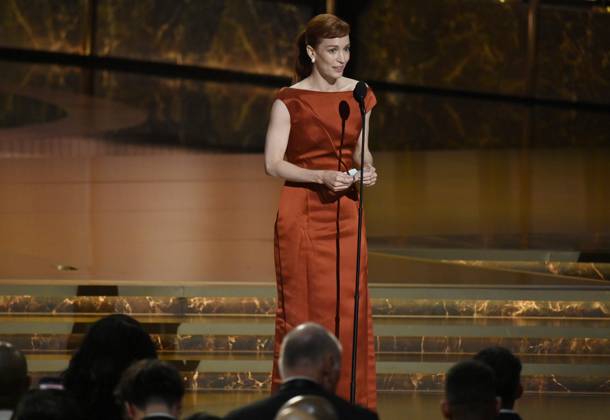 Britt Lower accepts the Outstanding Lead Actress in a Drama Series award for Severance onstage at the 77th annual Primetime Emmy Awards at the Peacock Theater in Los Angeles on Sunday, September 14, 2025.  LAP202509142040 JIMxRUYMEN