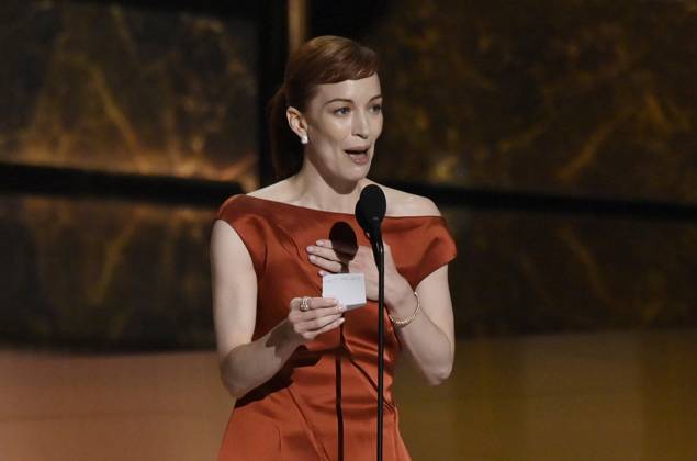 Britt Lower accepts the Outstanding Lead Actress in a Drama Series award for Severance onstage at the 77th annual Primetime Emmy Awards at the Peacock Theater in Los Angeles on Sunday, September 14, 2025.  LAP202509142041 JIMxRUYMEN