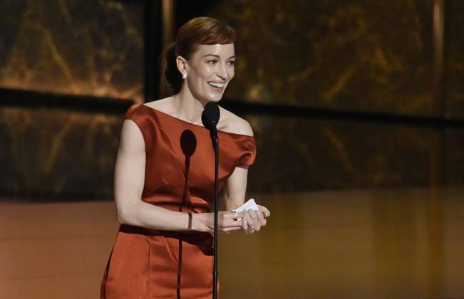 Britt Lower accepts the Outstanding Lead Actress in a Drama Series award for Severance onstage at the 77th annual Primetime Emmy Awards at the Peacock Theater in Los Angeles on Sunday, September 14, 2025.  LAP202509142050 JIMxRUYMEN