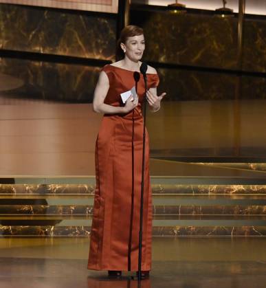 Britt Lower accepts the Outstanding Lead Actress in a Drama Series award for Severance onstage at the 77th annual Primetime Emmy Awards at the Peacock Theater in Los Angeles on Sunday, September 14, 2025.  LAP202509142051 JIMxRUYMEN