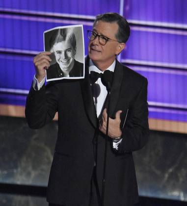 Stephen Colbert speaks onstage at the 77th annual Primetime Emmy Awards at the Peacock Theater in Los Angeles on Sunday, September 14, 2025.  LAP2025091470499 JIMxRUYMEN