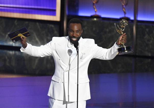 Tramell Tillman accepts the Outstanding Supporting Actor in a Drama Series award for Severance at the 77th annual Primetime Emmy Awards at the Peacock Theater in Los Angeles on Sunday, September 14, 2025.  LAP20250914203311 JIMxRUYMEN