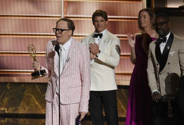 Jeff Hiller accepts the Outstanding Supporting Actor in a Comedy Series award for Somebody Somewhere onstage at the 77th annual Primetime Emmy Awards at the Peacock Theater in Los Angeles on Sunday, September 14, 2025.  LAP202509148023 JIMxRUYMEN
