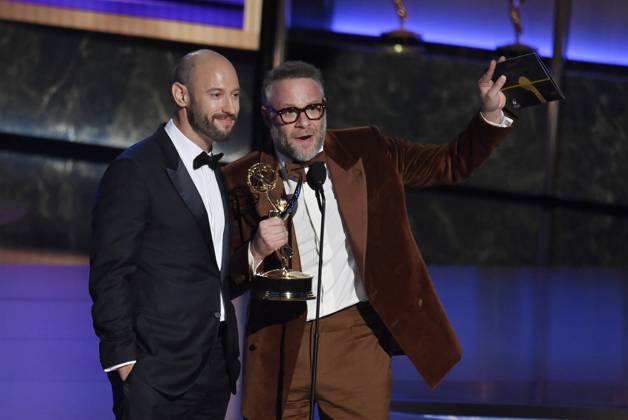 Evan Goldberg and Seth Rogen accept the Outstanding Directing For a Comedy Series award for The Studio onstage at the 77th annual Primetime Emmy Awards at the Peacock Theater in Los Angeles on Sunday, September 14, 2025.  LAP202509148043 JIMxRUYMEN
