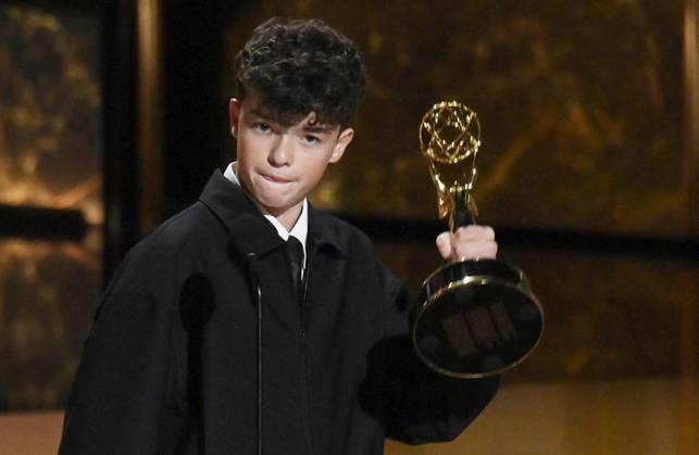 Owen Cooper accepts the Outstanding Supporting Actor in a Limited or Anthology Series or Movie award for Adolescence onstage at the 77th annual Primetime Emmy Awards at the Peacock Theater in Los Angeles on Sunday, September 14, 2025.  LAP2025091480455 JIMxRUYMEN