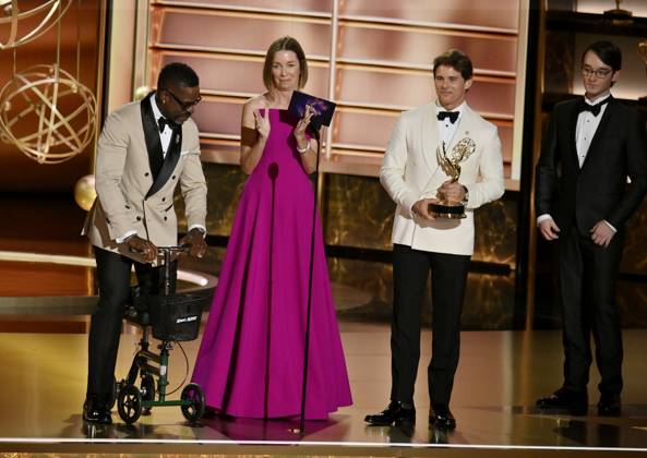 Sterling K. Brown, Julianne Nicholson, and James Marsden speak at the 77th annual Primetime Emmy Awards at the Peacock Theater in Los Angeles on Sunday, September 14, 2025.  LAP2025091480490 JIMxRUYMEN