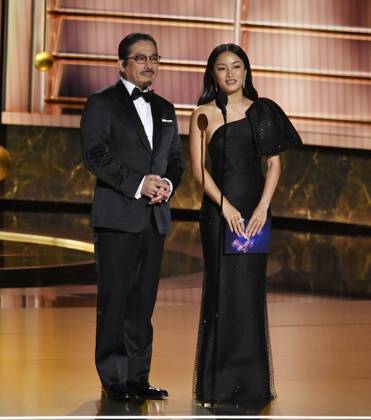 Hiroyuki Sanada and Anna Sawai speak onstage at the 77th annual Primetime Emmy Awards at the Peacock Theater in Los Angeles on Sunday, September 14, 2025.  LAP2025091480480 JIMxRUYMEN