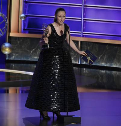 Erin Doherty accepts the Outstanding Supporting Actress in a Limited or Anthology Series or Movie award for Adolescence onstage at the 77th annual Primetime Emmy Awards at the Peacock Theater in Los Angeles on Sunday, September 14, 2025.  LAP202509143013 JIMxRUYMEN