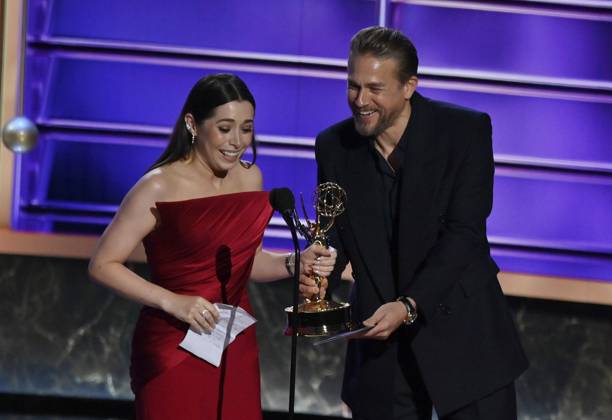 Cristin Milioti accepts the Outstanding Lead Actress in a Limited or Anthology Series or Movie award for The Penguin onstage at the 77th annual Primetime Emmy Awards at the Peacock Theater in Los Angeles on Sunday, September 14, 2025.  LAP202509143017 JIMxRUYMEN