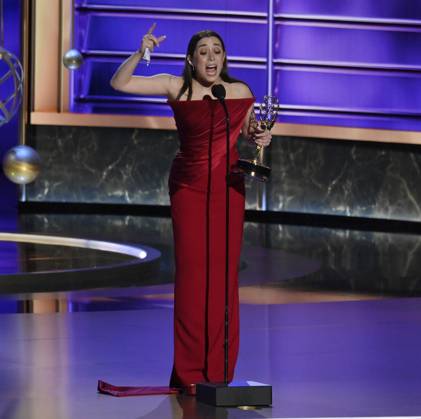 Cristin Milioti accepts the Outstanding Lead Actress in a Limited or Anthology Series or Movie award for The Penguin onstage at the 77th annual Primetime Emmy Awards at the Peacock Theater in Los Angeles on Sunday, September 14, 2025.  LAP202509143018 JIMxRUYMEN