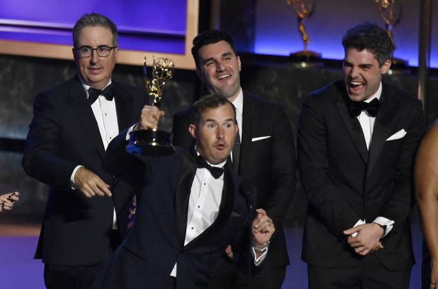 Daniel O Brien accepts the Outstanding Writing for a Variety Series award for Last Week Tonight with John Oliver onstage at the 77th annual Primetime Emmy Awards at the Peacock Theater in Los Angeles on Sunday, September 14, 2025.  LAP202509143032 JIMxRUYMEN