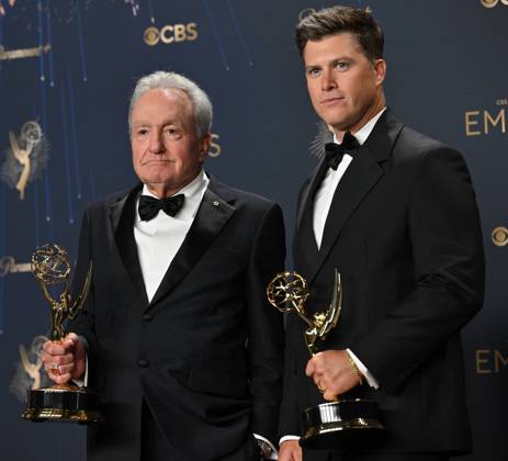 (L-R) Lorne Michaels and Colin Jost hold the Emmy for Outstanding Variety Special for SNL50: The Anniversary Special, backstage during the 77th annual Primetime Emmy Awards at the Peacock Theater in Los Angeles on Sunday, September 14, 2025.  LAP20250914203 CHISxCHEW