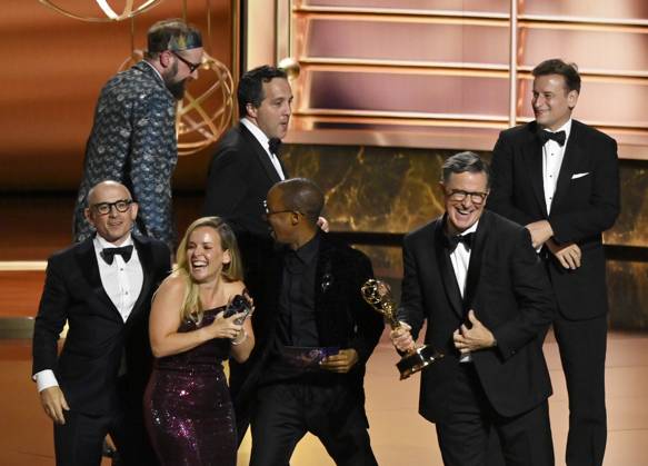 Stephen Colbert accepts the Outstanding Talk Series Award for The Late Show with Stephen Colbert onstage at the 77th annual Primetime Emmy Awards at the Peacock Theater in Los Angeles on Sunday, September 14, 2025.  LAP202509143060 JIMxRUYMEN