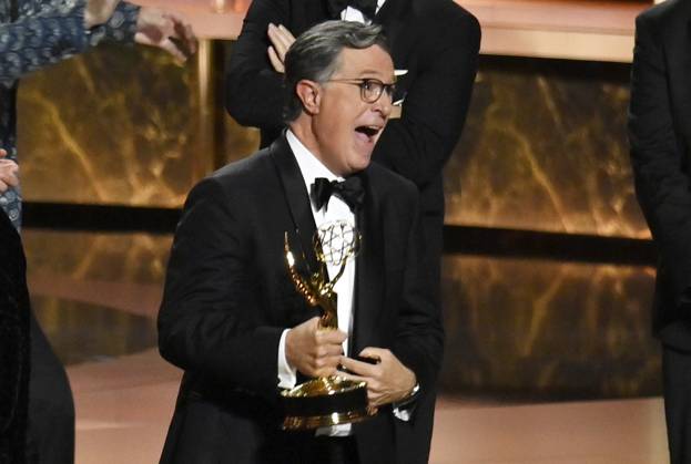 Stephen Colbert accepts the Outstanding Talk Series Award for The Late Show with Stephen Colbert onstage at the 77th annual Primetime Emmy Awards at the Peacock Theater in Los Angeles on Sunday, September 14, 2025.  LAP202509143062 JIMxRUYMEN