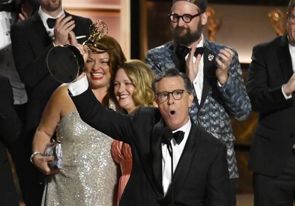 Stephen Colbert accepts the Outstanding Talk Series Award for The Late Show with Stephen Colbert onstage at the 77th annual Primetime Emmy Awards at the Peacock Theater in Los Angeles on Sunday, September 14, 2025.  LAP202509143067 JIMxRUYMEN