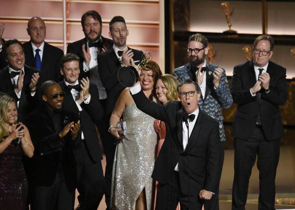 Stephen Colbert accepts the Outstanding Talk Series Award for The Late Show with Stephen Colbert onstage at the 77th annual Primetime Emmy Awards at the Peacock Theater in Los Angeles on Sunday, September 14, 2025.  LAP202509143061 JIMxRUYMEN