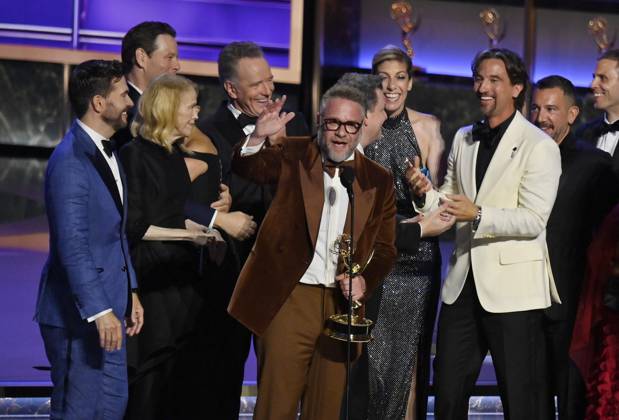 Seth Rogen accepts the Outstanding Comedy Series award for The Studio onstage at the 77th annual Primetime Emmy Awards at the Peacock Theater in Los Angeles on Sunday, September 14, 2025.  LAP202509145020 JIMxRUYMEN
