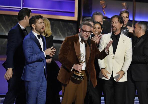 Seth Rogen accepts the Outstanding Comedy Series award for The Studio onstage at the 77th annual Primetime Emmy Awards at the Peacock Theater in Los Angeles on Sunday, September 14, 2025.  LAP202509145022 JIMxRUYMEN