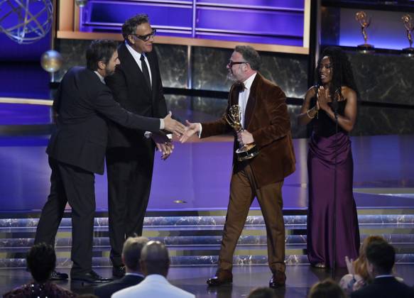 Seth Rogen accepts the Outstanding Comedy Series award for The Studio onstage at the 77th annual Primetime Emmy Awards at the Peacock Theater in Los Angeles on Sunday, September 14, 2025.  LAP202509145023 JIMxRUYMEN