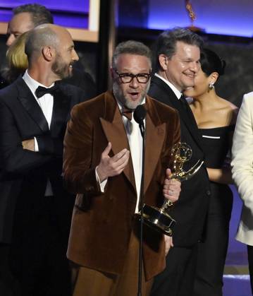 Seth Rogen accepts the Outstanding Comedy Series award for The Studio onstage at the 77th annual Primetime Emmy Awards at the Peacock Theater in Los Angeles on Sunday, September 14, 2025.  LAP202509145024 JIMxRUYMEN