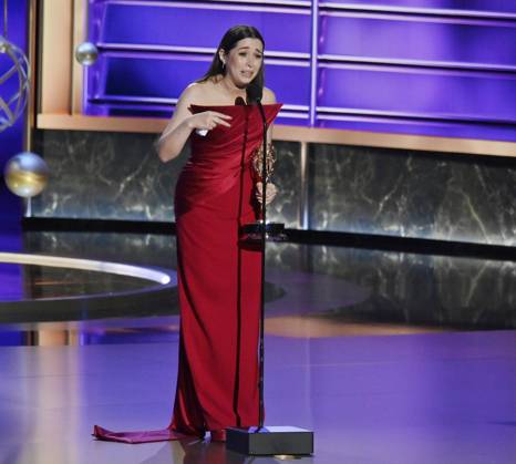 Cristin Milioti accepts the Outstanding Lead Actress in a Limited or Anthology Series or Movie award for The Penguin onstage at the 77th annual Primetime Emmy Awards at the Peacock Theater in Los Angeles on Sunday, September 14, 2025.  LAP202509148000 JIMxRUYMEN