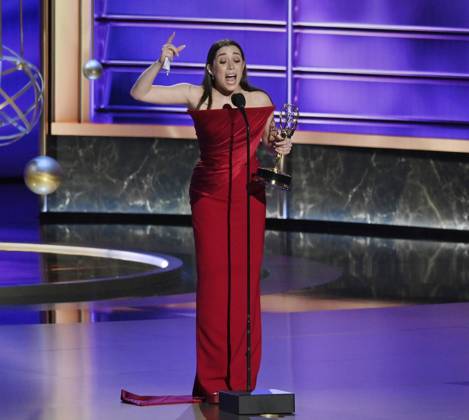 Cristin Milioti accepts the Outstanding Lead Actress in a Limited or Anthology Series or Movie award for The Penguin onstage at the 77th annual Primetime Emmy Awards at the Peacock Theater in Los Angeles on Sunday, September 14, 2025.  LAP202509149001 JIMxRUYMEN
