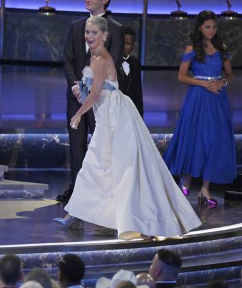 Katherine LaNasa accepts the Outstanding Supporting Actress in a Drama Series award for The Pitt at the 77th annual Primetime Emmy Awards at the Peacock Theater in Los Angeles on Sunday, September 14, 2025.  LAP20250914906 JIMxRUYMEN