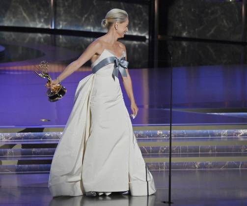 Katherine LaNasa accepts the Outstanding Supporting Actress in a Drama Series award for The Pitt at the 77th annual Primetime Emmy Awards at the Peacock Theater in Los Angeles on Sunday, September 14, 2025.  LAP20250914909 JIMxRUYMEN