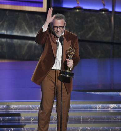 Seth Rogen accepts the Outstanding Lead Actor in a Comedy Series award for The Studio onstage at the 77th annual Primetime Emmy Awards at the Peacock Theater in Los Angeles on Sunday, September 14, 2025.  LAP20250914919 JIMxRUYMEN