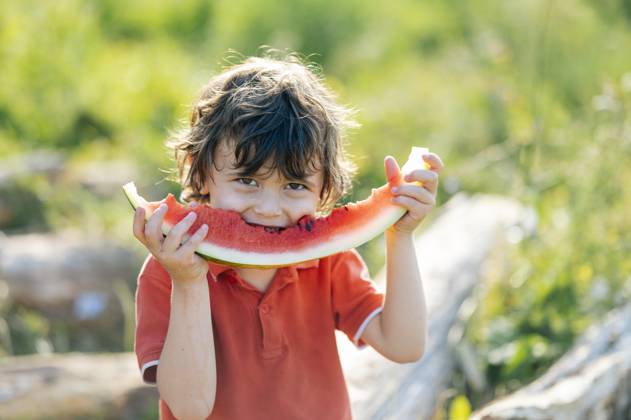 Child smiling outdoors eating watermelon on a sunny summer day model released, Symbolfoto, ANAF05002