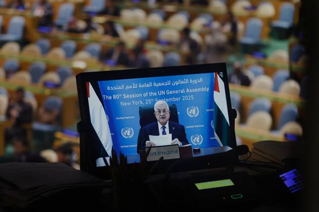 President of the State of Palestine Mahmoud Abbas appears on closed circuit monitors as he speaks on the third day of the 80th session of the General Debate in the UN General Assembly Hall at the United Nations Headquarters on Thursday, September 25, 2025 in New York City.  NYP202509255014 PETERxFOLEY