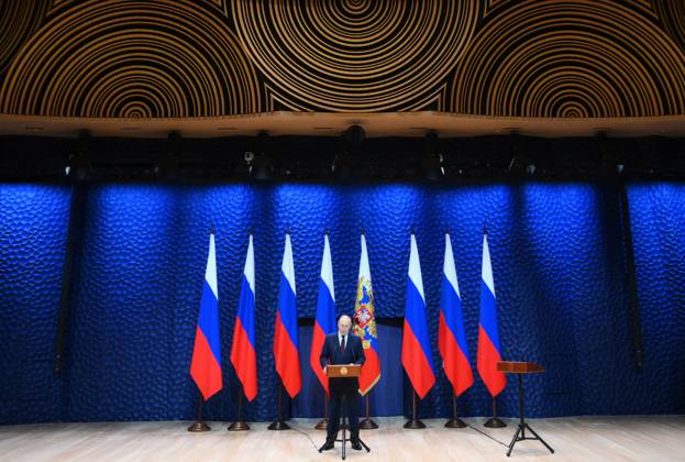 Russia Putin State Awards Presentation 9018842 03.10.2025 Russian President Vladimir Putin speaks during a ceremony to present state awards to mentors and teachers of military personnel, participants in the special military operation, at the new Sirius Concert and Theatre Centre of the Sirius Federal Territory, Krasnodar Region, Russia. Grigory Sysoev Sputnik Federal territory Sirius Russia  Copyright: xGrigoryxSysoevx