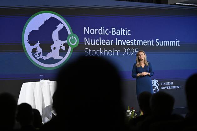 STOCKHOLM, SWEDEN 20251007 Minister for Energy and Industry Ebba Bush speaks at Nordic Baltic Nuclear Investment Summit at Grand hotel STOCKHOLM SWEDEN x10080x Copyright: xFredrikxSandberg TTx HÖGNIVAKONFERENS KÄRNKRAFT FeKCIf07-cE
