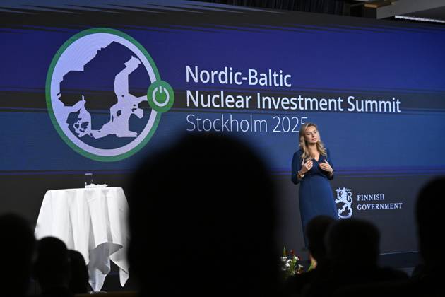 STOCKHOLM, SWEDEN 20251007 Minister for Energy and Industry Ebba Bush speaks at Nordic Baltic Nuclear Investment Summit at Grand hotel STOCKHOLM SWEDEN x10080x Copyright: xFredrikxSandberg TTx HÖGNIVAKONFERENS KÄRNKRAFT GSbzFx2Ornc