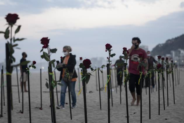 500 thousand deaths by Covid19 in Brazil RIO DE JANEIRO, BRAZIL - JUNE 20: Red roses planted during an event to pay homage to the over 500,000 registered Covid-19 victims and protest against the government s response to the pandemic organized by ONG Rio de Paz at Copacabana Beach on June 20, 2021 in Rio de Janeiro, Brazil. Brazil surpasses 500,000 deaths from coronaviruses, registered the sad mark of half a million deaths since the beginning of the health crisis. Rio de Janeiro Brazil. Editorial use only. Please get in touch for any other usage. Copyright: x2025xAnadoluxFabioxTeixeirax