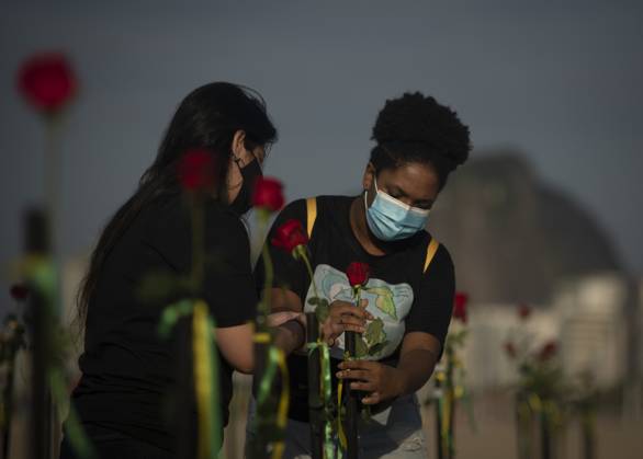 500 thousand deaths by Covid19 in Brazil RIO DE JANEIRO, BRAZIL - JUNE 20: Red roses planted during an event to pay homage to the over 500,000 registered Covid-19 victims and protest against the government s response to the pandemic organized by ONG Rio de Paz at Copacabana Beach on June 20, 2021 in Rio de Janeiro, Brazil. Brazil surpasses 500,000 deaths from coronaviruses, registered the sad mark of half a million deaths since the beginning of the health crisis. Rio de Janeiro Brazil. Editorial use only. Please get in touch for any other usage. Copyright: x2025xAnadoluxFabioxTeixeirax