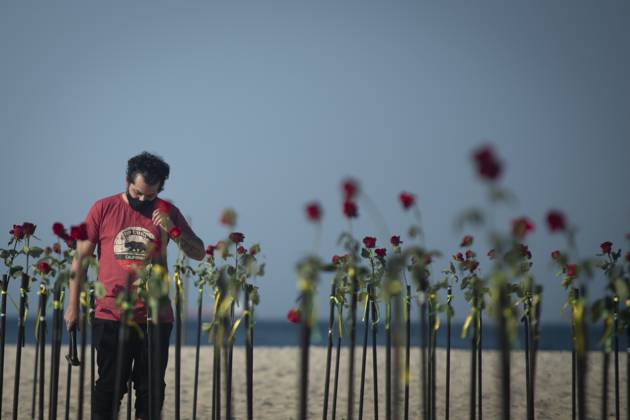 500 thousand deaths by Covid19 in Brazil RIO DE JANEIRO, BRAZIL - JUNE 20: Red roses planted during an event to pay homage to the over 500,000 registered Covid-19 victims and protest against the government s response to the pandemic organized by ONG Rio de Paz at Copacabana Beach on June 20, 2021 in Rio de Janeiro, Brazil. Brazil surpasses 500,000 deaths from coronaviruses, registered the sad mark of half a million deaths since the beginning of the health crisis. Rio de Janeiro Brazil. Editorial use only. Please get in touch for any other usage. Copyright: x2025xAnadoluxFabioxTeixeirax