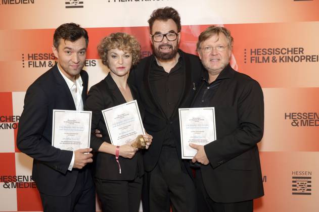 Nils Strunk, Lisa Wagner, Jan Schomburg und Justus von Dohnanyi bei der 36. Verleihung des Hessischen Film- und Kinopreises 2025 in der Alten Oper. Frankfurt am Main, 17.10.2025