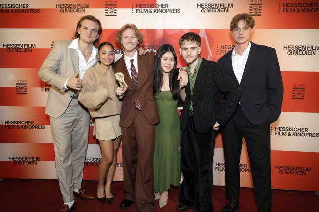 Ludger Bökelmann, Samirah Breuer, Filip Schnack, Tanya Nguyen, Florian Geißelmann und Jonas Ems bei der 36. Verleihung des Hessischen Film- und Kinopreises 2025 in der Alten Oper. Frankfurt am Main, 17.10.2025