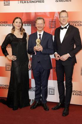 Bettina Lamprecht, Michael Kessler und Christoph Degen bei der 36. Verleihung des Hessischen Film- und Kinopreises 2025 in der Alten Oper. Frankfurt am Main, 17.10.2025