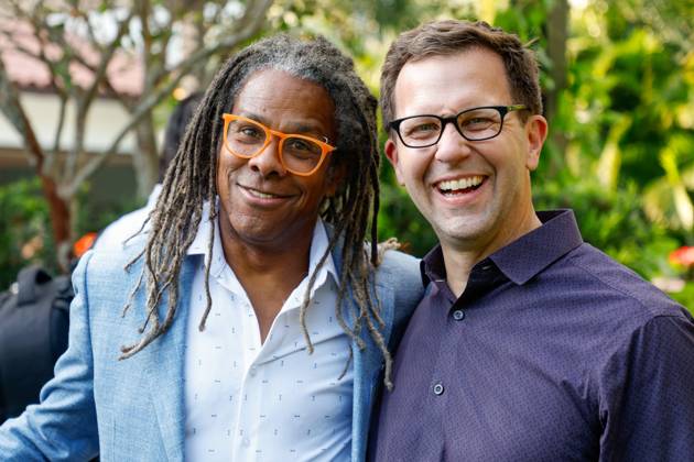 October 23, 2025, St. Petersburg, Florida, USA: Tampa Bay Times photojournalist Dirk Shadd and marketing director Kerry O Reilly share a laugh with each other during the annual Cocktails and News fundraiser event on Thursday, Oct. 23, 2025, in St. Petersburg. St. Petersburg USA - ZUMAs70_ 20251023_zan_s70_053 Copyright: xJeffereexWoox