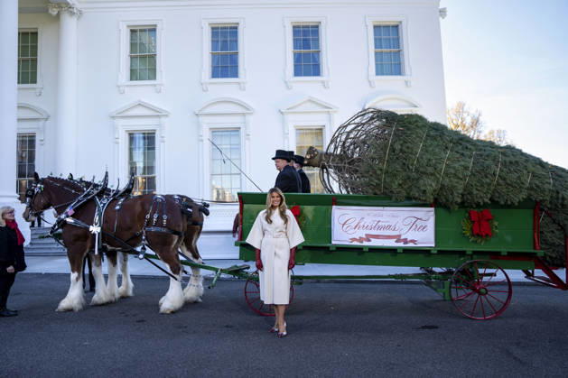 First Lady Melania Trump welcomes the official 2025 White House Christmas Tree outside the White House in Washington, DC on Monday, November 24, 2025. The tree comes from Korson s Tree Farms in Michigan and is the first Grand Champion of the National Christmas Tree Association s National Tree Contest from the state since 1985.  WAP20251124300 BONNIExCASH