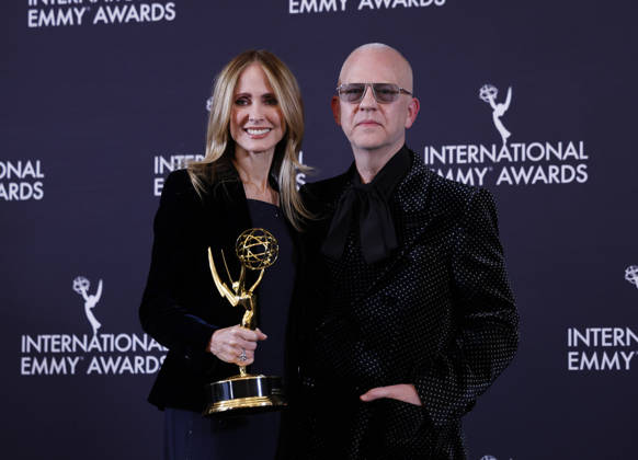 and writer-director Ryan Murphy and Recipient of The Founders Award co-chairman of Disney Entertainment Dana Walden arrive in the press room at the 53rd International Emmy Awards at New York Hilton Midtown in New York City on Monday, November 24, 2025.  NYP20251124253 JohnxAngelillo