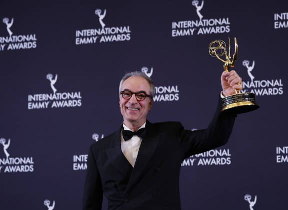 Brazilian media executive Joao Roberto Marinho arrives in the press room with the Directorate Award at the 53rd International Emmy Awards at New York Hilton Midtown in New York City on Monday, November 24, 2025.  NYP20251124263 JohnxAngelillo