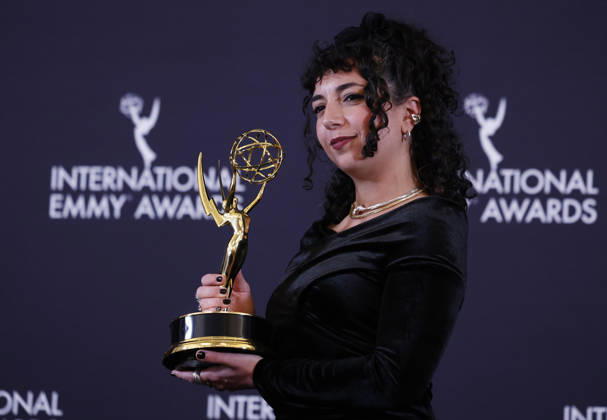 Lebanese-British producer director Vanessa Bowles arrives in the press room with the Current Affairs award for Dispatches: Kill Zone: Inside Gaza at the 53rd International Emmy Awards at New York Hilton Midtown in New York City on Monday, November 24, 2025.  NYP20251124270 JohnxAngelillo