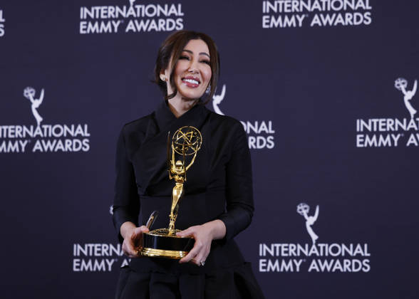 Algerian journalist Fairouz Ziani and Palestinian journalist Asef Hamidi arrive in the press room with the News award for Gaza at the 53rd International Emmy Awards at New York Hilton Midtown in New York City on Monday, November 24, 2025.  NYP20251124260 JohnxAngelillo
