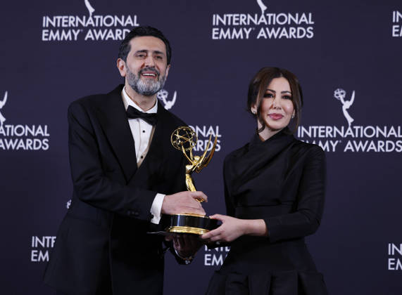 Algerian journalist Fairouz Ziani and Palestinian journalist Asef Hamidi arrive in the press room with the News award for Gaza at the 53rd International Emmy Awards at New York Hilton Midtown in New York City on Monday, November 24, 2025.  NYP20251124261 JohnxAngelillo