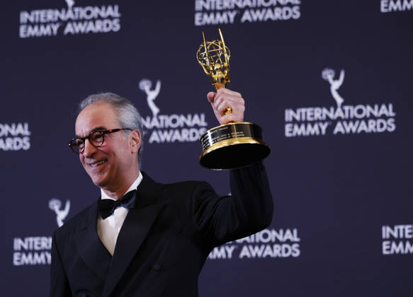Brazilian media executive Joao Roberto Marinho arrives in the press room with the Directorate Award at the 53rd International Emmy Awards at New York Hilton Midtown in New York City on Monday, November 24, 2025.  NYP20251124262 JohnxAngelillo